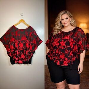Amana Red Velvet Black Sheer Witchy Goth Dark Romantic Poncho Top Women's 2X